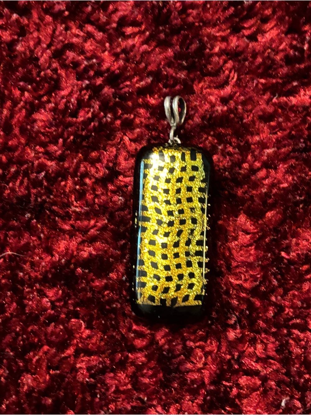 Handcrafted Dichroic Glass Pendant:
Gold Pattern fired into its surface. $10